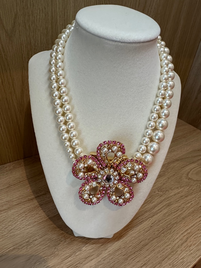 Miu Miu White Pearl Double-Strand Necklace With Pink Crystal Flower 1100$